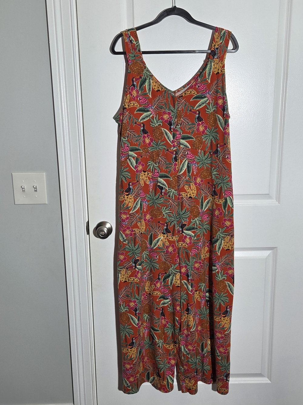 Cuddl Duds Tall Wide Leg Flexwear V-Neck Jumpsuit Orange Tropical 1X Pocket